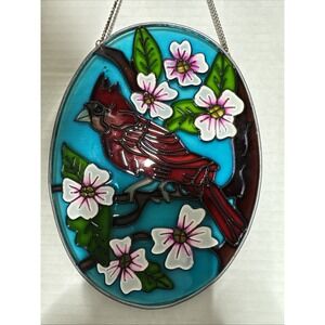 Red Cardinal Bird & White Flowers Small Oval Stained Glass Suncatcher 7.5x5.5"